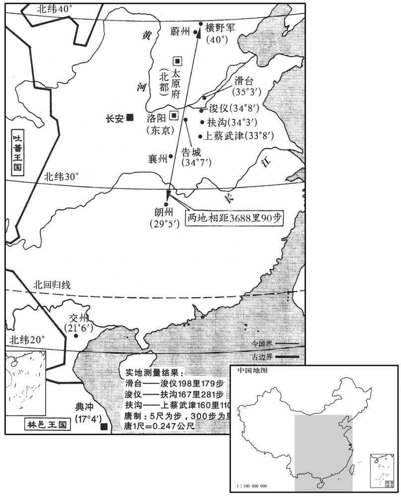 八世纪·七二四年四月各地测量日影，计算子午线弧度